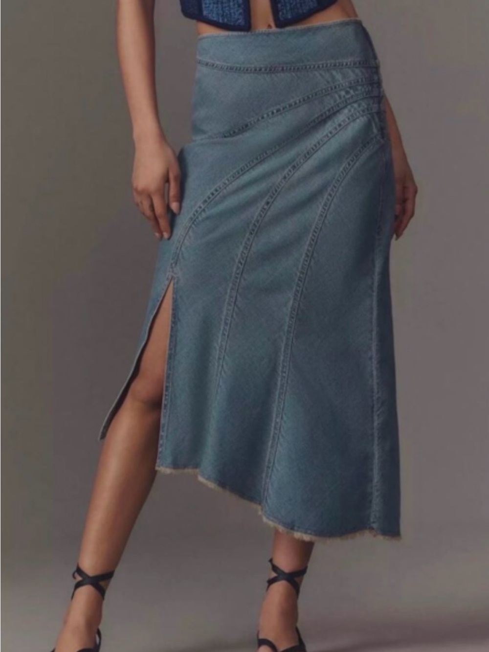 Anthropologie Blue Denim Midi Skirt with Side Slit